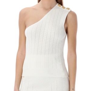 NEW!!! Women's White Asymmetrical Knit Crop Top with gold tone buttons